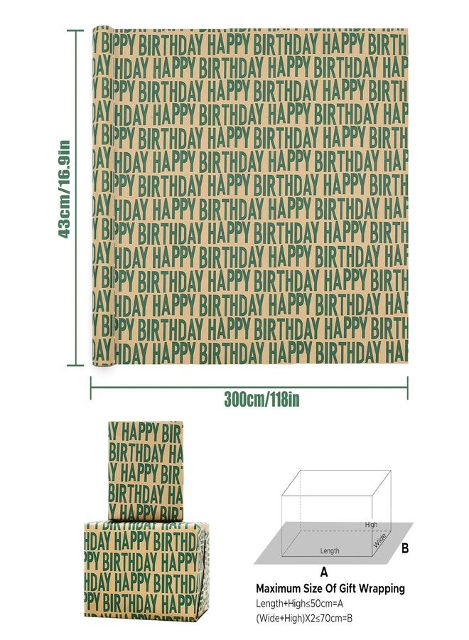 AircooL Green Birthday Wrapping Paper, Minimal Emerald Greens Large Happy Birthday Repeating Script Wrapping Paper - 1 Mini Roll 17Inch x10 ft Per Roll - Green Kraft Gift Wrap for Birthdays Party - Image 2